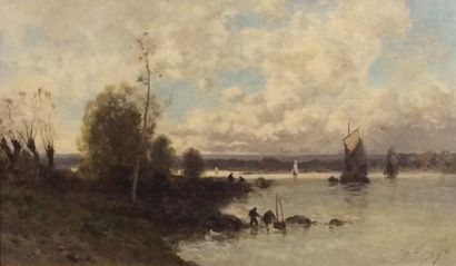 CICERI Eugène (1813-1890) 

"Bateau de pêcheurs sur une rivière du Nord" 

Huile...