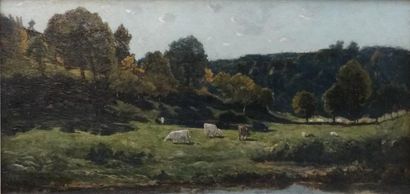 HARPIGNIES Henri-Joseph (1819-1916) 

"Vaches au près devant un ruisseau" 

Huile...