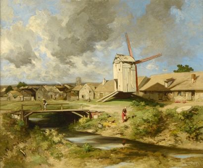 HERVIER Louis Adolphe (1818-1879) 

"Village normand et son moulin" 

Huile sur toile,...