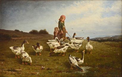 CATHELINAUX Christophe (1819-1883) 

" La gardienne d'oies" 

Huile sur toile, signée...
