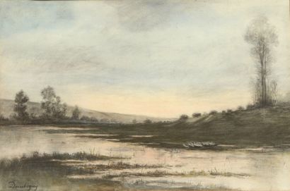 DAUBIGNY Charles-François (1817-1878) 

"Les oies près de l'étang"

Crayon, pastel...
