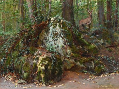 DEULLY Eugène (1860-1933) 

"Les rocher à Fontainebleau" 

Huile sur toile, signée,...