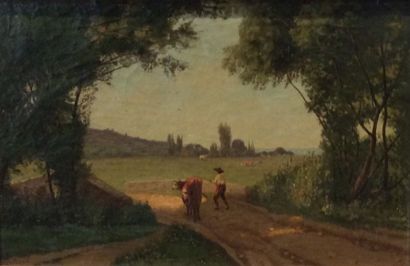 CHINTREUIL Antoine (1816-1873) 

"Paysage et vaches sur le chemin" 

Huile sur panneau...