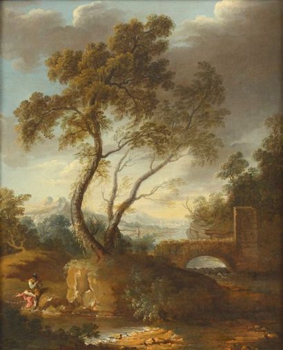 null Hubert DROUAIS (La Roque 1699 – Paris 1767) 

"Paysage à la rivière et au flûtiste"...