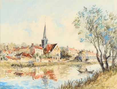 null FRANK-WILL (1900-1951) 

"Village au bord de la rivière, en Champagne"

Aquarelle,...