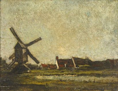 null Jakob SMITS (1855-1928) 

"Le moulin à Achterbos" 

Huile sur panneau parqueté,...