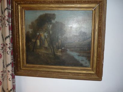 null Ecole Francaise de la fin du XIXe, "Paysages animés", deux huiles sur toile...