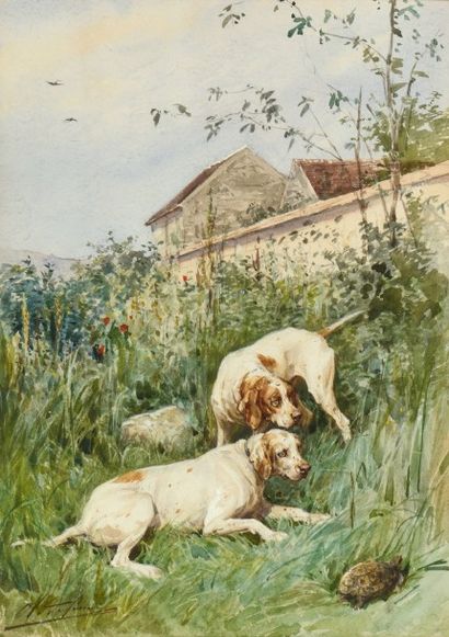 null DE PENNE Olivier Charles (1831-1897) " Les deux settters et la tortue" aquarelle,...