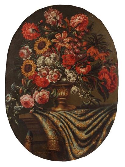 null Jean de CHAPPE (Reims vers 1660 - ?) 

"Vase de fleurs sur un tapis bleu brodé...