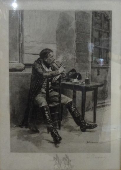 null D'après Ernest MEISSONIER (1815-1891) "Soldat fumant" Gravure, signée et daté...