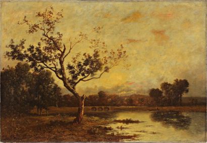 null RICHET Léon (1847-1907)
"Effet de soleil sur l’étang"
Huile sur toile, signée...
