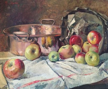 null Ecole début XXe siècle 

"Nature morte au chaudron en cuivre et aux pommes"...