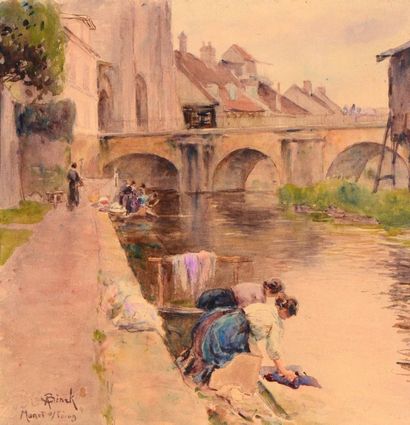 BINET Adolphe-Gustave (1854-1897)  BIRCK Alphonse(1859-1942) 
"Lavandières à Morêt-sur-Loing"
Aquarelle,...