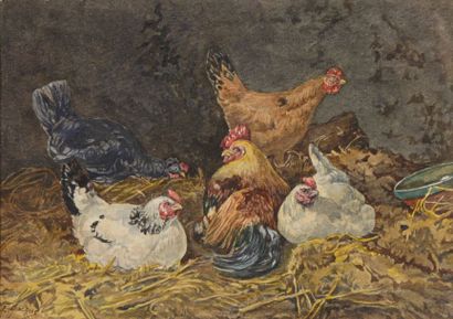 null Ecole du XIXe siècle 

"Coq et poules" 

Aquarelle, 

16,5 x 23 cm (à vue)