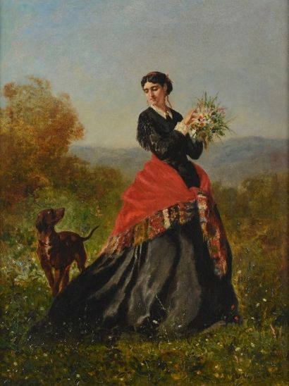 null VEYRASSAT Jules Jacques (1828-1893) 

"Elégante au bouquet" 

Huile sur toile,...