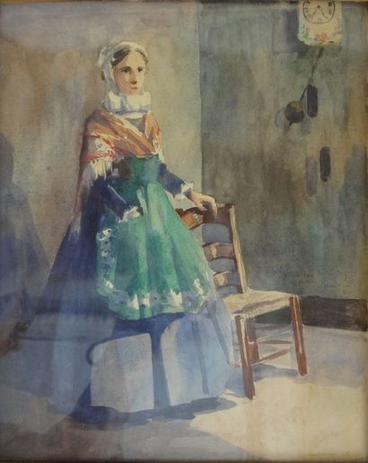 null Louis GARIN (1888-1959) 

"Etude de femme au tablier vert" 

Aquarelle, dédicacée...