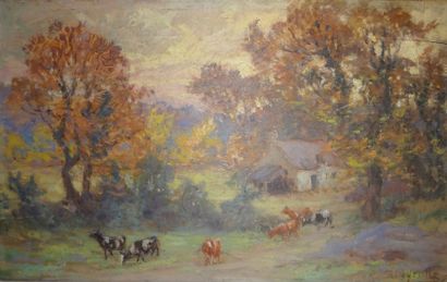  Theophile Louis DEYROLLE (1844-1923) 
"Troupeau de vaches sur le chemin" 
Huile...