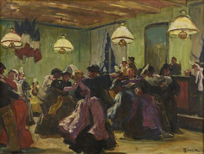 null Lucien SIMON (1861-1945) 

"Le bal breton" 

Huile sur toile, signée en bas...