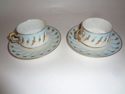 null Paire de tasses et sous-tasses en porcelaine en camaïeu bleu, à décor émaillé...