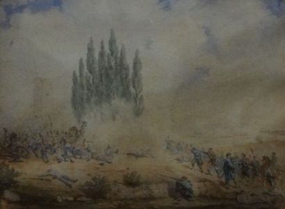 null Ecole du XIXe siècle - E. Chesneau "Bataille de la guerre d'Italie" Aquarelle,...