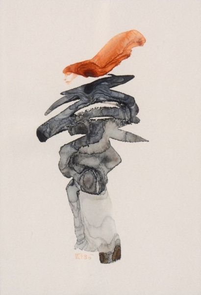 null Ecole Chinoise Contemporaine "Composition orange et noire", aquarelle. Signée....