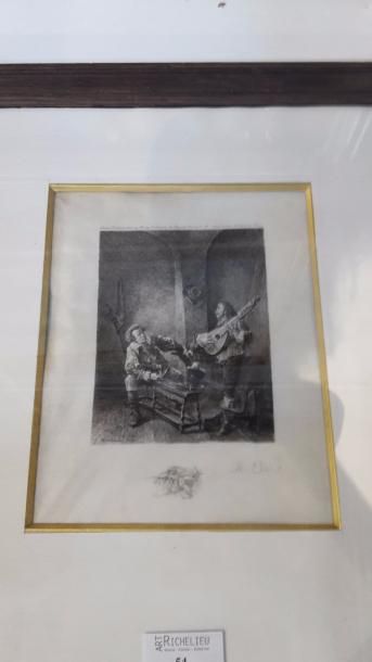 null D'après MEISSONIER Ernest (1815-1891) 

"Joueur de mandoline" 

Gravure, signée...