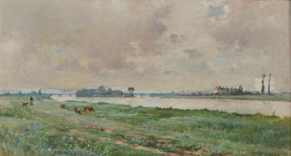 null LEROUX Louis (1833-1905) 

"Bord de rivière" 

Huile sur panneau, signée en...