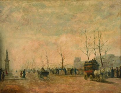 null FRANK BOGGS (1855-1926)
"Rue animée à la calèche, devant le Palais du Louvre"
Huile...