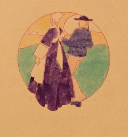 null Jacques JULLIEN (XIX-Xxe siècle) 

"Couple de bretons" 

Pochoir, signé en bas...