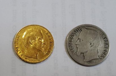 null Pièce de 20 FF or, 1860, poids: 6,41 g (frottée, usée)
Pièce de 1 FF argent,...