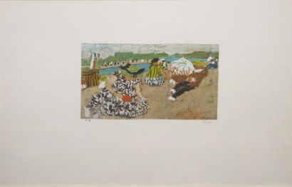 Jean POUGNY (1892-1956) Scène de plage 

Lithographie en couleurs sur papier, signée...