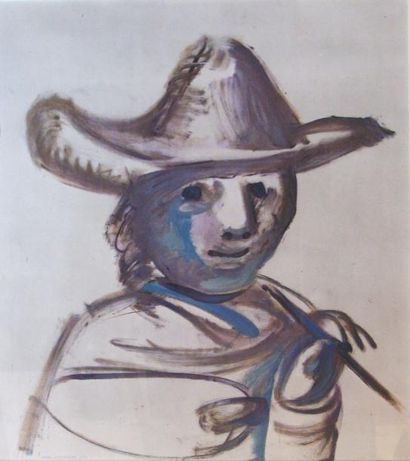 D’après Pablo PICASSO (1881-1973) Autoportrait au chapeau 

Lithographie en couleurs...