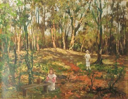 Eliane de LA VILLÉON (1910-1969) Cueillette en forêt 

Huile sur toile, signée en...