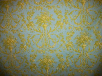 null Coton imprimé « Saint Cloud », Hamot, style du XVIIIème siècle, fond bleu turquoise,...
