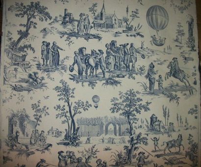 null Coton imprimé « le ballon de Gonesse », style XVIIIème siècle, fond blanc, décor...
