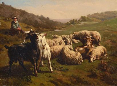 BRASCASSAT Jacques Raymond (1804-1867) "Berger avec ses chèvres et moutons" 

Huile...