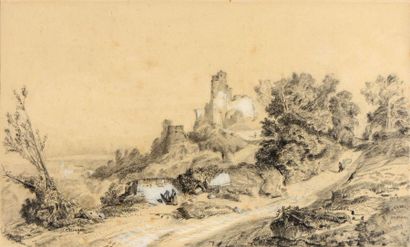 null JUNGER J. 

"Ruine dans un paysage" 

Fusain et rehauts de gouache, signé en...