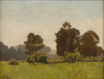 CABUZEL Maurice Auguste (1878-?) 

"Vaches au pâturage" 

Huile sur panneau, signée...