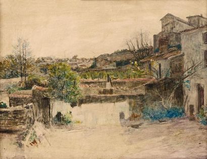 Attribué à RAFFAËLLI Jean François (1850-1924) "Rivière au bord du village"

Technique...