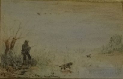 VEYRASSAT Jacques Jules (1828-1893) "La chasse au canards" 

Encre et aquarelle sur...