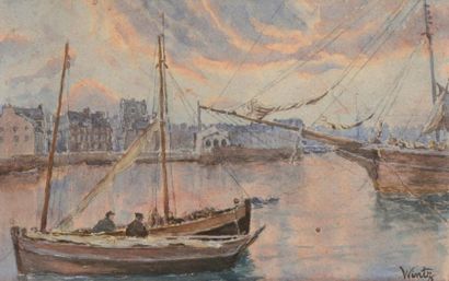 null WINTZ (Ecole du XIXe siècle) 

"Le Port de Honfleur animé de bateaux"

Aquarelle,...