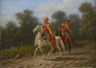 BENARD Auguste Sébastien (1810-1873) "Cavaliers hongrois" 

Huile sur panneau, signée...