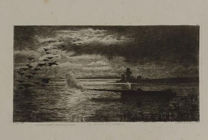 JACQUE Léon (né en 1828) "La chasse aux canards" 

Eau-forte, imprimée par Delâtre,...