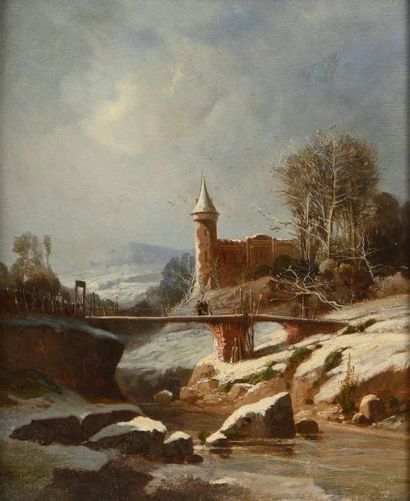 MALLEBRANCHE LOUIS-CLAUDE (1790-1838) "Le pont sous la neige" 

Huile sur toile,...