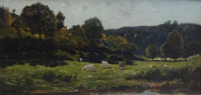 HARPIGNIES Henri-Joseph (1819-1916) "Vaches au près devant un ruisseau" 

Huile sur...