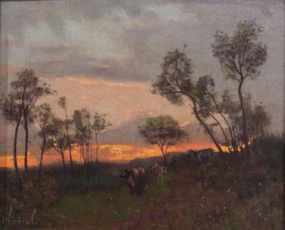 CHINTREUIL Antoine (1816-1873) "Troupeau au soleil couchant" 

Huile sur panneau,...