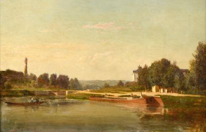 LAMBINET Emile-Charles (1815-1877) "Péniche et barque près du quai" 

Huile sur panneau,...
