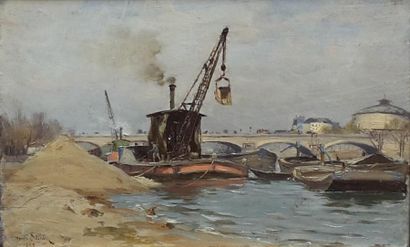 SAINTIN Henri (1846-1899) "Chantier en bord de Seine" 

Huile sur panneau, signée...