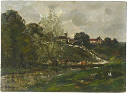 DELPY Hippolyte-Camille (1842-1910) "Village près de la rivière" 

Huile sur panneau,...