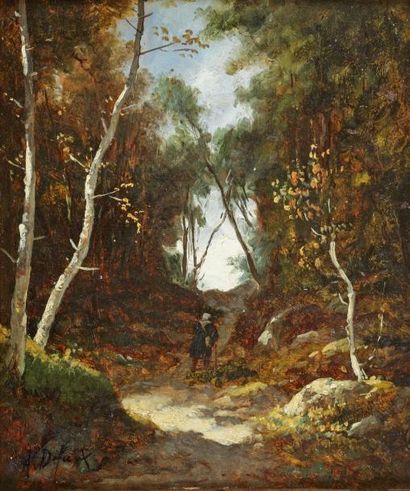 DEFAUX Alexandre (1826-1900) "Promeneur en forêt" 

Huile sur panneau, 

24 x 20,8...